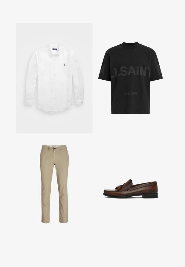 Witte lange mouwen shirt van katoen met een button-down kraag, voorzien van een klein marineblauw logo op de linkerborst en klassieke knoopsluiting.; Zwarte oversized T-shirt met donkergrijze tekst "ALLSAINTS" over de borst en "LONDEN" in kleinere letters eronder.; Beige katoenen broek met een slim fit, voorzien van een ritssluiting aan de voorkant, knoopsluiting en vier zakken. Gladde textuur, zonder patronen of accenten.; Bruine leren loafers met een ronde neus, decoratieve kwastjes en contrasterende stiksels. Textuur bovenkant en platte rubberen zool.