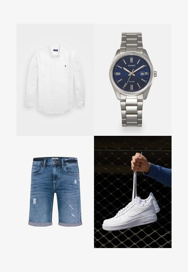 Balta ilga rankovė marškiniai, pagaminti iš medvilnės, su sagų apykakle, su mažu tamsiai mėlynu logotipu kairėje krūtinės pusėje ir klasikiniais sagomis.; Džinsiniai šortai vidutinio mėlynumo su nusidėvėjimo detalėmis, apvadu, penkiomis kišenėmis ir metaliniu sagčių uždarymu. Standartinė prigludimo forma.; Balti odiniai sportiniai bateliai su perforacijomis, apvalia nosimi, plokščiu padu ir storomis raištelėmis, su matomu swoosh logotipu ir "AIR" ant kulno.; Sidabrinis nerūdijančio plieno laikrodis su tamsiai mėlynu ciferblatu, metaliniais valandų žymenimis ir datos langeliu 3 valandą. Atsparus vandeniui iki 50 metrų.