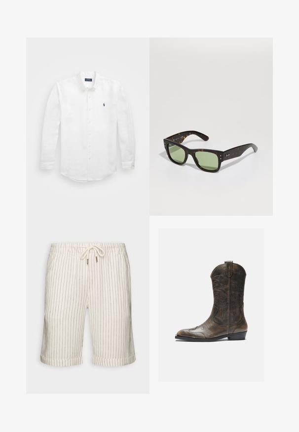 White long-sleeve shirt made of cotton with a button-down collar, featuring a small navy logo on the left chest and classic button fastening.; Linen blend shorts in light beige with subtle vertical brown stripes. Features an elastic waistband with drawstring and rolled hems.; Brown leather cowboy boot with a tall shaft, pointed toe, intricate stitching patterns, and a small heel. Textured finish throughout.; Brown tortoiseshell sunglasses with green lenses, square shape, and metal accents. Features logo on the left temple. Matte finish.
