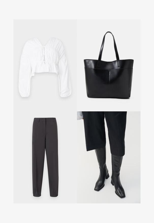Blouse blanche raccourcie avec un décolleté en V, des manches bouffantes longues et des détails froncés à la taille. Présente une fermeture à nouer à l'avant.; Pantalons gris foncé en tissu lisse, présentant une coupe ajustée, des poignets élastiques et des poches avant avec une finition soignée.; Bottes en cuir noir arrivant au genou avec un bout carré et un talon bloc. Elles présentent une fermeture éclair sur le côté et une texture lisse.; Sac fourre-tout en cuir noir avec deux longues poignées, une texture lisse et une forme structurée. Dispose d'une poche avant pour un rangement supplémentaire.