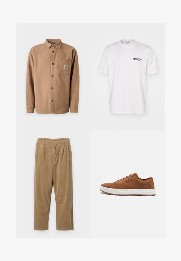 Ruskea flanellipaita, jossa on nappisuljenta, pitkät hihat, yksi rintatasku logopatchilla ja mustat napit. Pehmeä rakenne.; Valkoinen puuvillapaita, jossa on lyhyet hihat ja pyöreä pääntie. Paidassa on musta "Carhartt" -logo painettuna vasemman rinnan yläosaan.; Kankaanhousut vaaleanruskeassa värissä, joissa on teksturoitu uritettu kuvio, varustettuna nappikiinnityksellä ja rennolla istuvuudella.; Ruske mokasine iz nubuk kože sa bijelim gumiranim đonom, okruglim prstom, šest metalnih rupica za vezivanje i ugraviranim logom na strani. Klasičan dizajn sa vezicama.