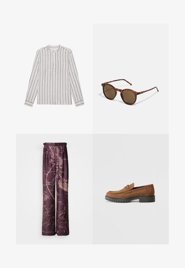 Langermet skjorte med ståkrage, som har vekslende brune og hvite striper, en brystlomme og knappestolpe.; Lilla vide benbukser med karttrykk i en lysere nyanse. Laget av glatt stoff, med folder og elastisk midjebånd.; Brune suede loafers med avrundet tå og såle av lav svart gummi, med en dekorativ stropp og sømdetaljer på overdelen.; Runde solbriller med skilpaddemønster ramme og brune linser. Har tynne stenger med lett tekstur og metalldetaljer nær linsene.