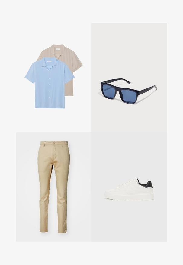 Ir rādīti divi īsām piedurknēm krekli; viens gaiši zils, otrs bēšs. Abiem ir apkakles dizains un pogu priekšpuse, ar gludu tekstūru.; DOCKERS ORIGINAL - Auduma bikses - safari; Baltas ādas sporta apavi ar iegravētu rakstu, strukturētu baltu starpzoli un melnu papēža akcentu. Iezīmējas ar apaļu purngali un plakaniem auklām.; Melna plastmasas saulesbrilles ar taisnstūra rāmjiem, zilu tonējumu lēcām un šaurām sānu kājiņām, ar spīdīgu apdari.