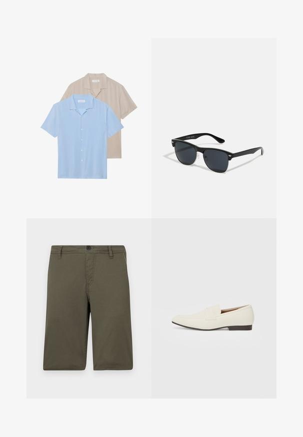 Rodyti du trumpomis rankovėmis marškiniai; vieni šviesiai mėlynos spalvos, o kiti smėlio spalvos. Abu turi apykaklės dizainą ir sagų priekį, su lygiu paviršiumi.; Kaki šortai, pagaminti iš tvirto audinio, su lygiu priekyje, diržo kilpomis ir mygtukų uždarymu; turi dvi šonines kišenes ir tvarkingą siuvimą.; Šviesiai smėliniai loaferiai su smailiu pirštu, lygaus paviršiaus, dirželiu per viršų ir žema ruda padanga. Paprastas dizainas su minimaliais akcentais.; Juodos saulės akinių su stačiakampiu rėmeliu, tamsiais lęšiais, sidabrinėmis detalėmis šventrajose ir matinio paviršiaus rėmeliu.