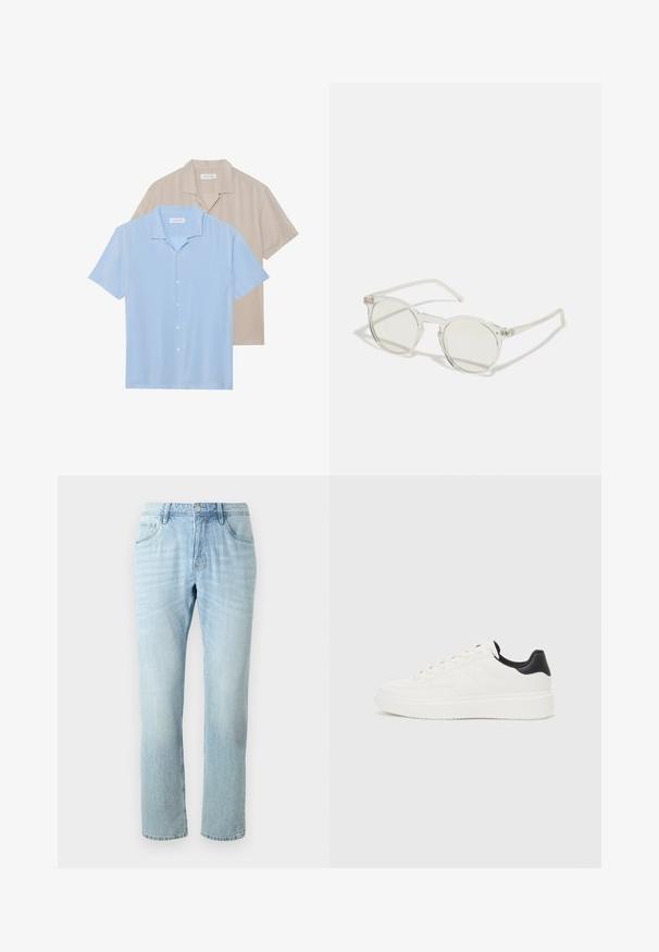 To skjorte med korte ermer vises; den ene i lyseblå og den andre i beige. Begge har krage-design og knapp foran, med en jevn tekstur.; Lyseblå denimjeans med rett bendesign, fem lommer, subtil falming og en metallknapp på midjen.; Hvit lær sneaker med preget mønster, teksturert hvit mellomsole og svart hælakkent. Har rund tå og flate lisser.; Runde solbriller med transparent ramme, lysegrønne linser og tynne, klare stenger. Har subtile hardwaredetaljer på rammen.