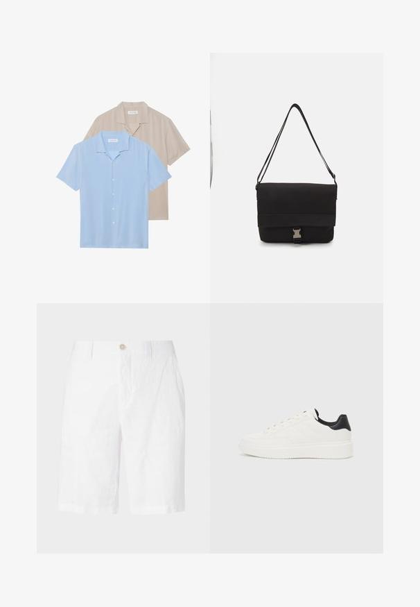 Kaks lühikeste varrukatega särki on välja pandud; üks helesinine ja teine beež. Mõlemal on krae ning nööpidega esiosa, pehme tekstuuriga.; Valged linased lühikesed püksid nupuga kinnitamiseks, millel on lõdva istuvuse, sirge lõike ja nähtamatud mustrid või aksessuaarid. Sile tekstuur.; Valge nahast sneaker, millel on reljeefne muster, tekstureeritud valge vaheline tall ja must kannaaktsent. Omab ümarat nina ja lamedat paelavarrast.; Mustmust kärjer, mis on valmistatud siledast materjalist, fold-over klapiga, hõbedaste kinnitustega ja reguleeritava õlarihmaga.