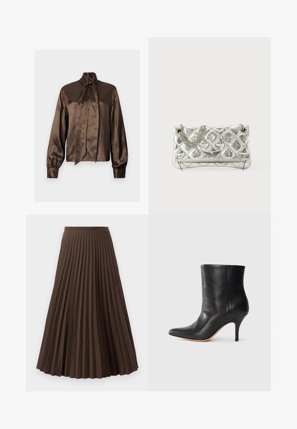 Blusa de satin castanha com gola alta e detalhe de laço, apresentando mangas longas e fecho com botão, com textura suave e caimento elegante.; Saia midi castanha, pregueada, com faixa na cintura bem ajustada e pregas verticais espaçadas uniformemente, exibida sobre um fundo branco.; Botim de tornozelo em pele preta com biqueira pontiaguda, salto fino em stiletto e textura suave. Design minimalista sem hardware ou detalhes visíveis.; Bolsa metálica prateada com pega de corrente, textura acolchoada, costura decorativa e fecho com ziper. Apresenta detalhes em relevo na parte frontal.