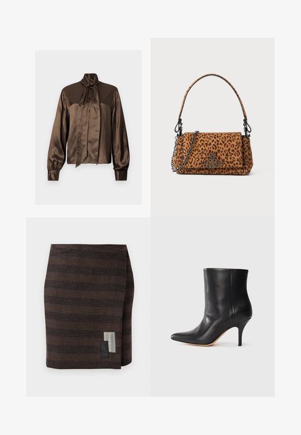 Kafijas satīna blūze ar augstu kaklu un loku detaļu, ar garām piedurknēm un pogu aizdari, gluda tekstūra un eleganta piekare.; Brūna svārku izstrādājums no teksturēta auduma, ar horizontālām svītrām dažādos toņos. Uz sānu ir birka ar zīmola nosaukumu un kopšanas instrukcijām.; Melnas ādas potītes zābaki ar norādītu pirkstu, šauru stiletto papēdi un gludu tekstūru. Minimalistiska dizaina, bez redzamām detaļām vai akcentiem.; Leoparda raksta roka somiņa, izgatavota no zamšādas, ar īsu rokturi, ķēdes siksnu un melnu metāla aizdari. Taisnstūra forma ar pārklājuma aizdari.