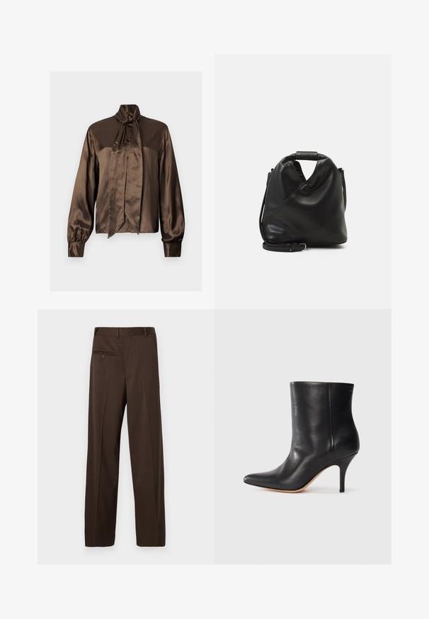 Blouse en satin marron avec un col haut et un détail en nœud, dotée de manches longues et d'une fermeture à boutons, texture lisse et drapé élégant.; Pantalon marron sur mesure avec une coupe légèrement ample, présentant une poche arrière unique avec fermeture à bouton et une texture de tissu lisse.; Bottine en cuir noir à bout pointu, avec un talon aiguille fin et une texture lisse. Design minimaliste sans matériel ou accents visibles.; Sac en cuir noir et doux avec un design torsadé unique. Doté d'une courte poignée et d'une bandoulière amovible. Style minimaliste.