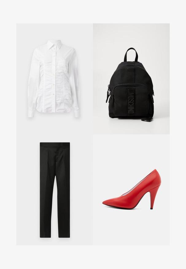 Bílá košile na knoflíky s dlouhými rukávy, s řasenou strukturou na přední straně, malými zlatými knoflíky a standardním límcem.; Černé kalhoty s hladkým materiálem, přizpůsobeným střihem, rovnými nohavicemi a plochým pasem bez viditelných zapínání či kapes.; Červená kožená lodička na vysokém podpatku s špičatou špičkou, elegantním siluetem, hladkou texturou a tenkou černou podrážkou. Design s stiletto podpatkem.; Černý batoh Moschino s přední kapsou na zip, horním uchem a detaily loga na panelu přední kapsy.