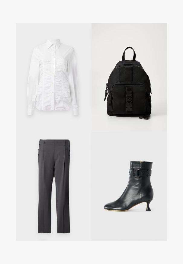 Balta pogājama krekla ar garām piedurknēm, ar savilkta tekstūra priekšpusē, maziem zelta pogām un standarta apkakli.; Pelēki pielāgoti bikses ar taisnu kāju dizainu, priekšējiem piegriezumiem un dekoratīvām sānu pogām papildu detaļām. Gluda auduma tekstūra.; Melna ādas potītes zābaks ar norādītu purngala formu, sašaurinātu papēdi un sprādzes detalizāciju pie potītes. Gluda tekstūra un elegants dizains.; Melns Moschino mugursoma ar priekšējo kabatu ar rāvējslēdzēju, augšējo rokturi un logo detaļu priekšējā kabatā.