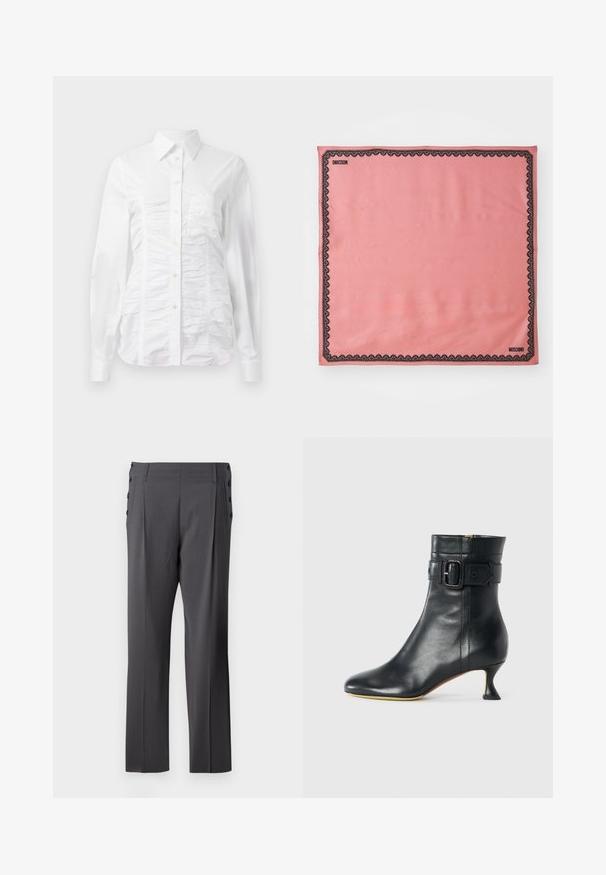 Valkoinen paitapusero pitkillä hihoilla, jossa on rypytetty pinta edessä, pieniä kultaisia nappia ja tavallinen kaulus.; Harmaat räätälöidyt housut, joissa on suora lahjetyyppi, etupleat ja koristeelliset sivunapit lisäyksinä. Sileä kankaanpinta.; Mustat nahkasaappaat nilkkapituisilla, teräväkärkisillä ja kapenevilla koroilla, joissa on soljettiedot. Sileä pinta ja tyylikäs muotoilu.; Vaaleanpunainen silkki-huivi, jossa on musta pitsireunus ja "MOSCHINO" -brändäys yhdessä kulmassa. Pehmeä rakenne, suorakulmainen muoto.