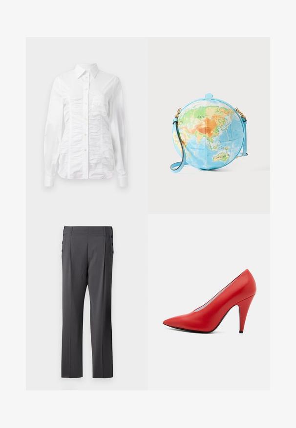 White button-up shirt with long sleeves, featuring a ruched texture across the front, small golden buttons, and a standard collar.; Gray tailored pants featuring a straight leg design, front pleats, and decorative side buttons for added detail. Smooth fabric texture.; Red leather high-heeled pump with a pointed toe, sleek silhouette, smooth texture, and a thin black sole. Stiletto heel design.; Round crossbody bag resembling a globe, featuring a light blue base with detailed map in green, orange, and blue tones; gold hardware accents.