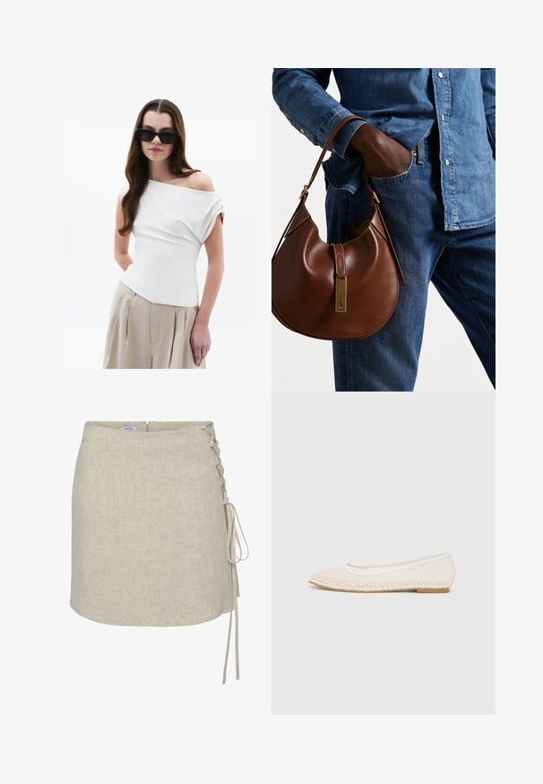 Witte off-shoulder top met gedrapeerde stofdetails, korte opgerolde mouwen, gecombineerd met beige hoge taille geplooide broeken.; Beige linnen wikkelrok met een lacing-detail aan de linkerzijde, een rechte snit en een ritssluiting aan de achterkant. Soepele, gestructureerde stof.; Witte platte schoen met een mesh-design, een spitse neus en een lage, platte zool. Getextureerde bovenkant met een soepele voering en subtiele contrasterende afwerking.; Bruine leren hobo tas met een rondvorm, voorzien van een gouden hardwareaccent en contrasterende stiksels. Gecombineerd met een denim shirt en jeans.