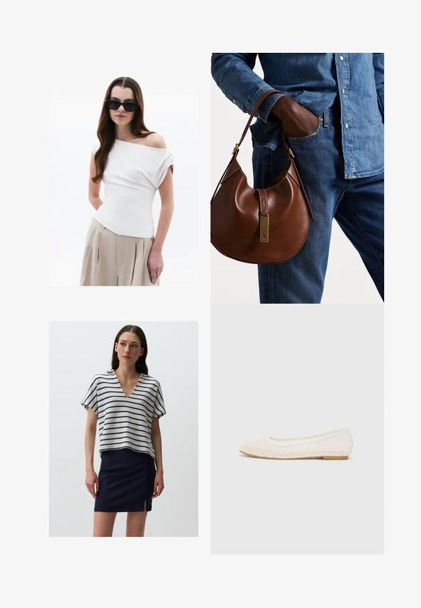 Top blanc à épaules dénudées avec détail de tissu drapé, manches courtes à revers, associé à un pantalon plissé beige taille haute.; Haut en tricot rayé avec un col en V, présentant des rayures horizontales bleu marine et crème. Associé à une jupe bleu marine avec une fente sur le côté.; Chaussure plate blanche avec un design en maille, un bout pointu et une semelle basse et plate. Tige texturée avec une doublure lisse et une bordure de contraste subtile.; Sac en cuir marron de style hobo avec une forme arrondie, mettant en avant un accent en métal doré et des coutures contrastantes. Assorti à une chemise en denim et un jean.