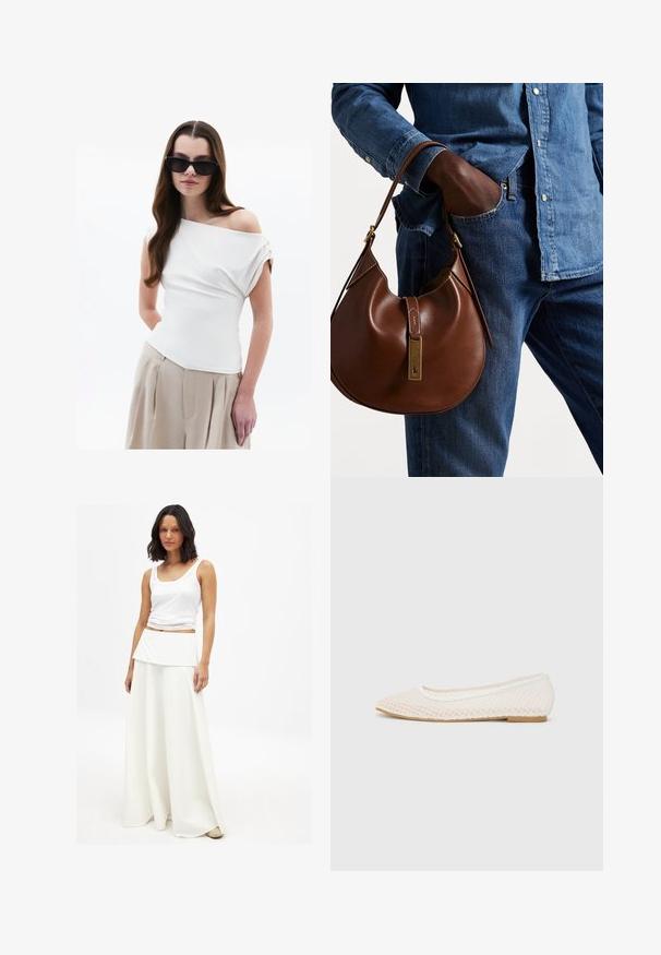 Vit av-axel topp med draperad tygdetalj, korta uppvikta ärmar, kombinerad med beige högmidjade veckade byxor.; Vit linne tillsammans med en flödande vit maxikjol. Kjolen har en lager-på-lager, vikt midja och en mjuk, slät textur.; Vita platta skor med ett nätmönster, spetsig tå och en låg, platt sula. Texturerad ovandel med en slät foder och subtil kontrastkant.; Brun läder hobo-väska med en rund form, som har en accent av guldmetall och kontrasterande sömmar. Kombinerad med en denimskjorta och jeans.