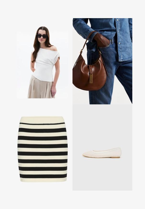 Vit av-axel topp med draperad tygdetalj, korta uppvikta ärmar, kombinerad med beige högmidjade veckade byxor.; Svart och gräddfärgad randig stickad kjol, figurnära passform, med ribbad midja. Horisontella ränder varierar i bredd för visuell textur.; Vita platta skor med ett nätmönster, spetsig tå och en låg, platt sula. Texturerad ovandel med en slät foder och subtil kontrastkant.; Brun läder hobo-väska med en rund form, som har en accent av guldmetall och kontrasterande sömmar. Kombinerad med en denimskjorta och jeans.