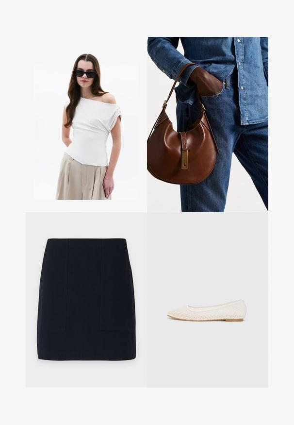 Bílý top s odhalenými rameny a řasením, krátké ohrnuté rukávy, v kombinaci s béžovými vysokými kalhotami s puky.; Námořnická modrá mini sukně z bavlny, která má dvě přední kapsy, čistý, strukturovaný design a rovný lem.; Bílé ploché boty s síťovaným designem, se špičatou špičkou a nízkou plochou podrážkou. Texturovaný svršek s hladkým podšívkou a jemným kontrastním lemem.; Hnědá kožená hobo taška zaobleného tvaru, se zlatým kováním a kontrastním prošíváním. V kombinaci s džínovou košilí a džíny.