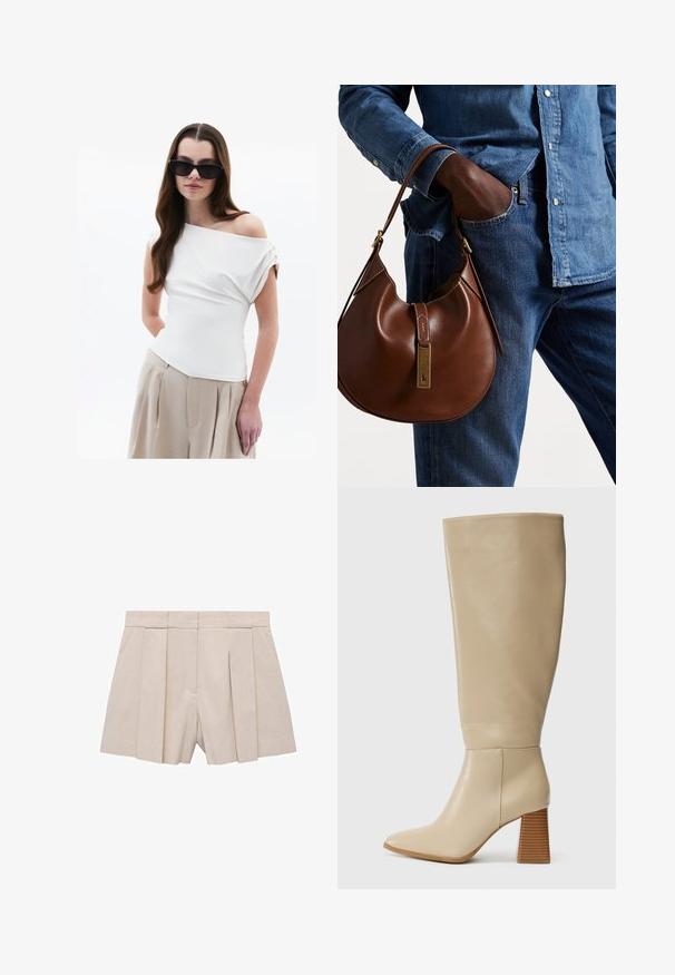 Top bianco off-the-shoulder con dettaglio in tessuto drappeggiato, maniche corte arrotolate, abbinato a pantaloni beige a vita alta con pieghe.; Pantaloni beige plissettati con design sartoriale, caratterizzati da un alto vita e una texture morbida. Quattro plissettature frontali creano volume. Senza tasche.; Stivale in pelle beige alto fino al ginocchio con punta affusolata, tacco a blocco strutturato e superficie liscia. Dettaglio delle cuciture alla caviglia e al bordo superiore.; Borsa hobo in pelle marrone con una forma arrotondata, dotata di dettagli in hardware dorato e cuciture a contrasto. Abbinata a una camicia di jeans e a un paio di jeans.
