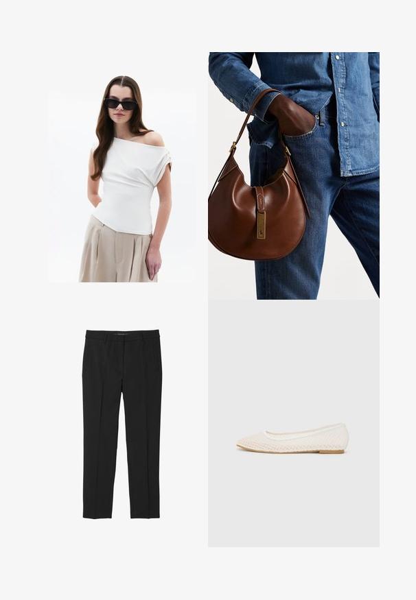 Biała bluzka bez ramion z marszczonym detalem, krótki podwinięty rękaw, w komplecie z beżowymi, wysokimi spodniami w kant.; Czarne spodnie z gładkiego materiału, o prostym kroju nogawki, z przednimi kieszeniami i płaskim pasem bez widocznych zapięć.; Białe płaskie buty z siateczkowym wzorem, ostro zakończone, z niską, płaską podeszwą. Teksturowana cholewka z gładką podszewką i subtelnymi kontrastowymi wykończeniami.; Brązowa skórzana torebka hobo w zaokrąglonym kształcie, z akcentami w złotym kolorze i kontrastowym przeszyciem. Połączona z dżinsową koszulą i spodniami dżinsowymi.
