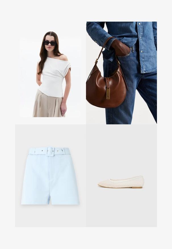 Weißes Oberteil mit schulterfreien Details und drapiertem Stoff, kurze umgeschlagene Ärmel, kombiniert mit beigen, hoch taillierten, gefalteten Hosen.; Helle blaue Shorts mit einem taillierten Bund, versehen mit einer quadratischen Schnalle und metallischen Hardware-Akzenten. Glatter Stoff, taillierte Passform und gefaltete Vorderseite.; Weiße flache Schuhe mit einem Netzdesign, spitz zulaufender Zehenpartie und einer niedrigen, flachen Sohle. Strukturiertes Obermaterial mit einem glatten Innenfutter und subtilen Kontrastakzenten.; Braune Leder-Hobo-Tasche mit runder Form, ausgestattet mit goldenen Hardware-Details und kontrastierenden Nähten. Kombiniert mit einem Jeanshemd und Jeans.