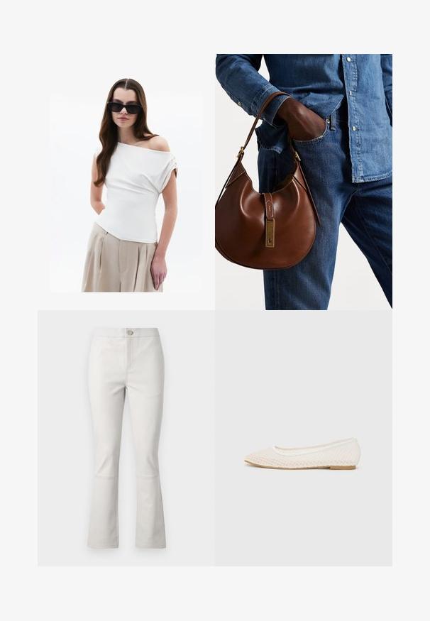 Witte off-shoulder top met gedrapeerde stofdetails, korte opgerolde mouwen, gecombineerd met beige hoge taille geplooide broeken.; Lichtgrijze flared pants van katoenmix. Heeft voorzakken, een knoopsluiting en subtiele stikseldetails langs de naden.; Witte platte schoen met een mesh-design, een spitse neus en een lage, platte zool. Getextureerde bovenkant met een soepele voering en subtiele contrasterende afwerking.; Bruine leren hobo tas met een rondvorm, voorzien van een gouden hardwareaccent en contrasterende stiksels. Gecombineerd met een denim shirt en jeans.
