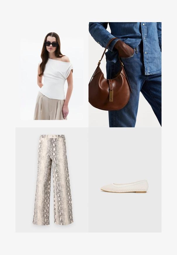 Top bianco off-the-shoulder con dettaglio in tessuto drappeggiato, maniche corte arrotolate, abbinato a pantaloni beige a vita alta con pieghe.; Pantaloni a gamba larga con stampa a serpente, caratterizzati da una combinazione di colori crema e grigio, realizzati in tessuto testurizzato e con una vita alta.; Scarpa piatta bianca con design in rete, punta affilata e suola bassa e piatta. Parte superiore testurizzata con fodera liscia e delicate rifiniture a contrasto.; Borsa hobo in pelle marrone con una forma arrotondata, dotata di dettagli in hardware dorato e cuciture a contrasto. Abbinata a una camicia di jeans e a un paio di jeans.