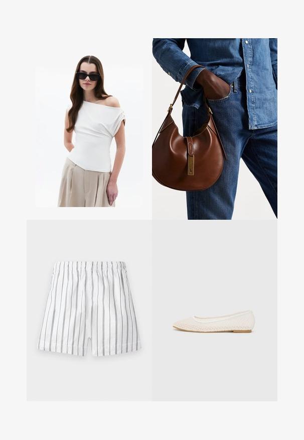Witte off-shoulder top met gedrapeerde stofdetails, korte opgerolde mouwen, gecombineerd met beige hoge taille geplooide broeken.; Witte shorts met dunne verticale grijze strepen, een elastische tailleband en een comfortabele pasvorm. Gemaakt van lichtgewicht stof voor ademend vermogen.; Witte platte schoen met een mesh-design, een spitse neus en een lage, platte zool. Getextureerde bovenkant met een soepele voering en subtiele contrasterende afwerking.; Bruine leren hobo tas met een rondvorm, voorzien van een gouden hardwareaccent en contrasterende stiksels. Gecombineerd met een denim shirt en jeans.
