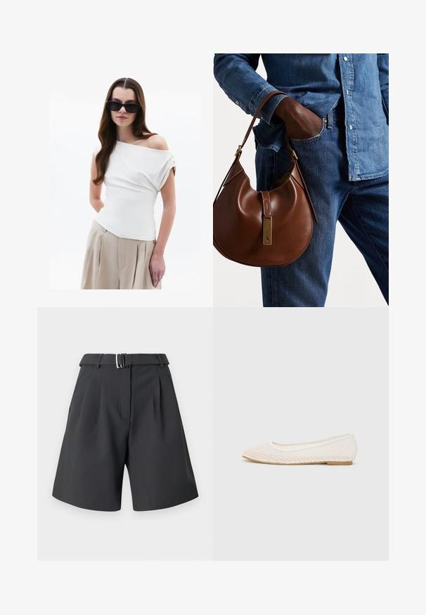 Top bianco off-the-shoulder con dettaglio in tessuto drappeggiato, maniche corte arrotolate, abbinato a pantaloni beige a vita alta con pieghe.; Pantaloni corti grigio scuro realizzati in tessuto liscio, con una parte anteriore plissettata, una vita definita con una fibbia metallica e tasche laterali.; Scarpa piatta bianca con design in rete, punta affilata e suola bassa e piatta. Parte superiore testurizzata con fodera liscia e delicate rifiniture a contrasto.; Borsa hobo in pelle marrone con una forma arrotondata, dotata di dettagli in hardware dorato e cuciture a contrasto. Abbinata a una camicia di jeans e a un paio di jeans.