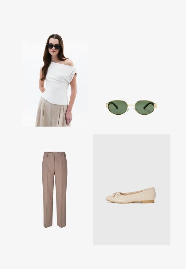 Top bianco off-the-shoulder con dettaglio in tessuto drappeggiato, maniche corte arrotolate, abbinato a pantaloni beige a vita alta con pieghe.; Pantaloni beige su misura con design a gamba dritta, dotati di chiusura con bottone e pieghe frontali. Texture liscia e finitura lucida.; Ballerine beige realizzate in materiale sintetico liscio. Presentano un piccolo tacco a blocco e un dettaglio annodato con accenti dorati sulla punta.; Occhiali da sole con montatura dorata e lenti verdi, forma ovale, stanghette nere e naselli trasparenti. Design pulito e minimalista.; Borsa hobo in pelle marrone con una forma arrotondata, dotata di dettagli in hardware dorato e cuciture a contrasto. Abbinata a una camicia di jeans e a un paio di jeans.