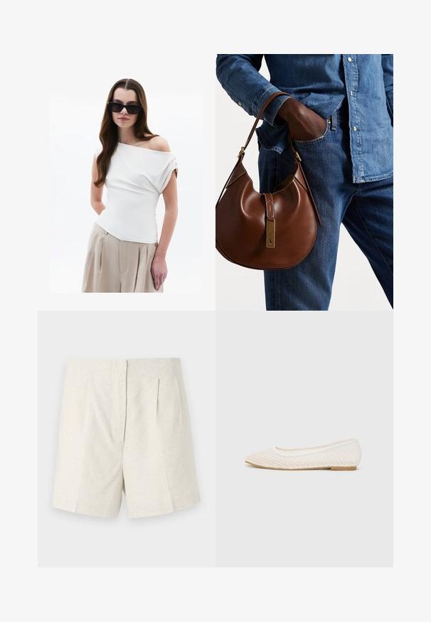 Hvid off-shoulder top med draperet stofdetalje, korte opfoldede ærmer, kombineret med beige højtaljede plisserede bukser.; Linnedesignede shorts i beige med en tekstureret overflade, der har en skræddersyet pasform, folder foran og en lige pasform.; Hvide flade sko med mesh-design, spids tå og en lav, flad sål. Tekstureret overdel med en glat foring og subtile kontrastkanter.; Brun læder hobo taske med en afrundet form, der har et guldhardware-element og kontraststing. Sammen med en denimskjorte og jeans.