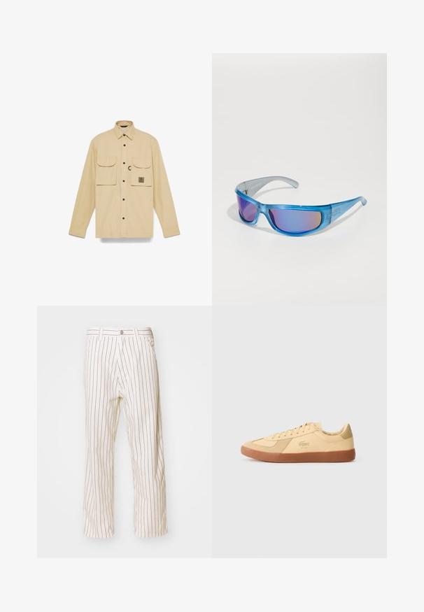 Beige long-sleeve shirt made of lightweight fabric, featuring two chest pockets with button closures and a logo patch on the left pocket.; Beige striped trousers with a relaxed fit, featuring vertical brown stripes, a front button closure, and side pockets.; Lacoste sneakers in pale yellow leather, featuring a gum rubber sole, lace-up design, and iconic logo. Suede accents on toe and heel.; Blue sunglasses with a translucent frame, mirrored lenses showing a gradient tint, and a sporty design for secure fit during activities.