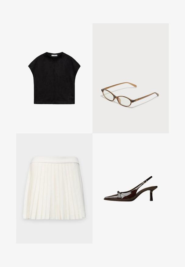 Black short-sleeve top made of soft fabric, featuring a rounded neckline and a loose, boxy shape with visible stitching at the back.; White pleated skirt with a smooth waistband, made of lightweight fabric. The pleats create texture and dimension throughout the garment.; Brown patent leather slingback shoe with pointed toe, low heel, and a decorative bow accent on the front. Smooth, shiny texture.; Brown tortoiseshell glasses with oval lenses, thin arms, and transparent accents. Features a subtle logo on the temple. Sleek, lightweight design.; Black leather handbag with a curved shape, detachable strap, and gold hardware. The bag features a flap with a buckle detail.