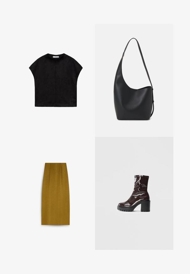 Top negru cu mânecă scurtă, realizat dintr-un material moale, având un guler rotund și o formă lejeră, pătrată, cu cusături vizibile pe spate.; Fustă creion galben muștar, până la genunchi, cu o textură netedă, având o siluetă dreaptă și pliuri subtile în față.; Botine lucioase burgundy, cu toc gros negru, având o textură netedă și un design simplu. Fără închideri sau modele vizibile.; Geantă hobo din piele neagră, cu o textură netedă, formă curbată și un singur bretele ajustabil; are o deschidere largă în partea de sus.