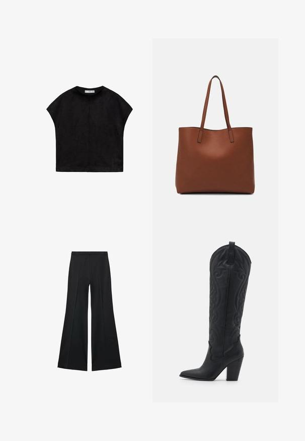 Crna majica s kratkim rukavima od mekog materijala, s okruglim izrezom i labavim, kutijastim oblikom, s vidljivim šavovima na leđima.; Crne široke hlače s glatkom teksturom, koje imaju prednje nabore i kroj po mjeri. Tkanina je lagana i lepršava.; Zign Kaubojske/motorističke čizme - black; Smeđa kožna torba preko ramena s glatkom teksturom, otvorenim vrhom i dvjema naramenicama. Ima minimalne šavove i nema vidljivog hardvera.