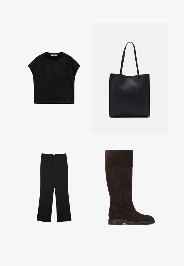 Črni kratkosleeve majica iz mehkega materiala, z okroglo ovratnico in ohlapnim, kvadratnim krojem ter vidnim šivom na hrbtni strani.; Črne hlače ravnega kroja z naglavnimi žepi in stranskimi razporki na robu. Narejene iz mehke, gladke tkanine. Primerne za različne priložnosti.; Rjave semiš škornje do kolen z ravnim podplatom, mehko teksturo in kontrastnim šivom vzdolž šivov. Oblika stranskega panela za udobno prileganje.; Črna usnjena torba s svilnato teksturo, pravokotne oblike in dvema dolgima ročajema. Brez vidnih metalnih delov ali okrasnih elementov.