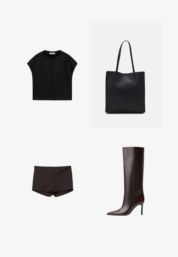 Černý krátký rukáv top z měkké tkaniny, se zaobleným výstřihem a volným, boxy tvarem s viditelným šitím na zadní straně.; Černé bavlněné šortky s přiléhavým střihem, charakterizované hladkým povrchem a dvěma předními kapsami. Středně vysoký pas a žádné nápadné vzory.; Hnědá kožená vysoká bota po kolena s špičatou špičkou, hladkým povrchem a středně vysokým podpatkem. Švy podél strany.; Černá kožená taška přes rameno s hladkým povrchem, obdélníkovým tvarem a dvěma dlouhými uchy. Žádné viditelné kování ani ozdoby.