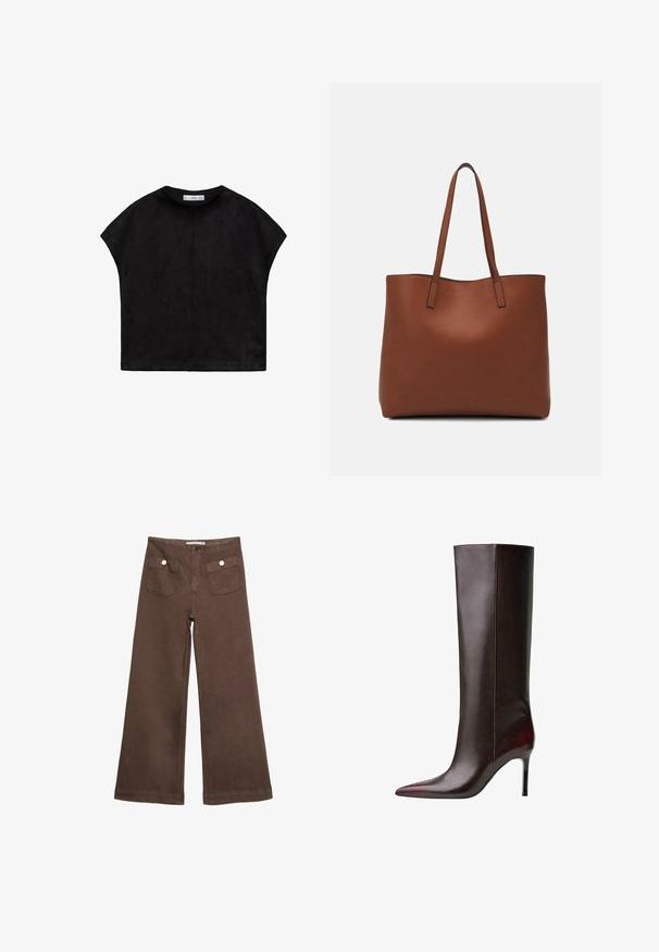 Črni kratkosleeve majica iz mehkega materiala, z okroglo ovratnico in ohlapnim, kvadratnim krojem ter vidnim šivom na hrbtni strani.; Svetlo rjave široke hlače iz bombaža, ki vključujejo dva sprednja žepa s srebrnimi gumbi in gladko teksturo.; Rjavi usnjeni škornji do kolen s koničastim nosom, sijoča tekstura in stiletto peto. Šivana obdelava ob strani.; Rjava usnjena torba z gladko teksturo, odprto zasnovo zgoraj in dvema naramnima trakovoma. Opremljena je z minimalnim šivanjem in brez vidnih kovinskih delov.
