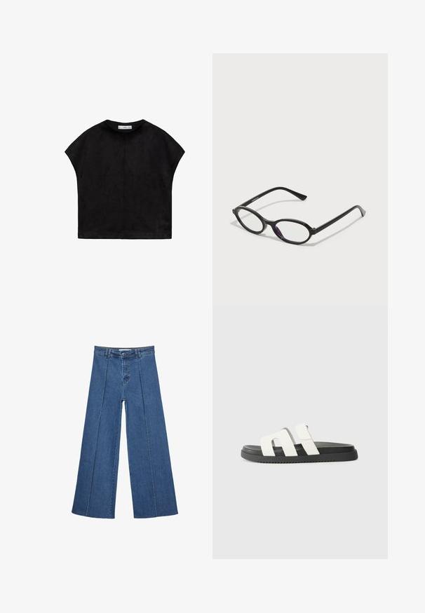 Black short-sleeve top made of soft fabric, featuring a rounded neckline and a loose, boxy shape with visible stitching at the back.; Wide-leg denim jeans in medium blue, featuring a high waist, button closure, and contrasting vertical seam details along the front.; White slide sandals with two wide straps, black rubber sole, minimal design, and smooth texture. Suitable for casual wear.; Black oval-frame glasses with translucent purple accents on the lenses. Frames have a matte finish and slender, straight temples.; Black leather handbag with a curved shape, detachable strap, and gold hardware. The bag features a flap with a buckle detail.