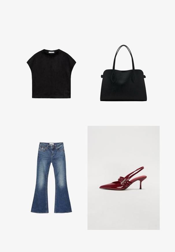 Čierny krátky rukáv top vyrobený z mäkkej látky, s okrúhlym výstrihom a voľným, štvorcovým strihom, s viditeľným švom na zadnej strane.; Džínsy s rozšírenými nohavicami v stredne modrej farbe s nádychom na vyblednutie. Majú klasický dizajn s piatimi vreckami a kontrastným prešívaním so zapínaním na gombík.; Červené lakované kožené sandále na podpätku s jemne špičatou špičkou, dvoma prackovými remienkami a štíhlym, stredne vysokým ihlovým podpätkom. Hladký povrch.; Čierna kožená kabelka s dvojitými popruhmi na rameno, obdĺžnikový tvar a minimalistický dizajn na bielom pozadí.