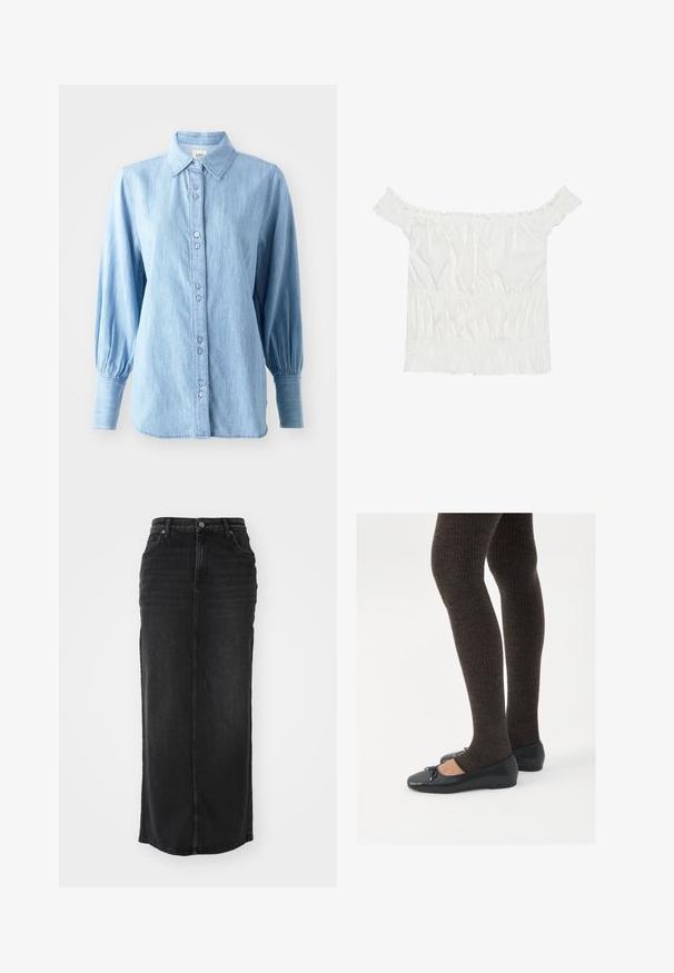 Lys blå denimskjorte med krage, knappestolpe foran og lange ballongermer. Har en subtil tekstur og matchende knapper.; Hvit av-shoulder topp med volanger, samlet tekstur og elastisk midje. Laget av myk bomull.; Sorte denim maxi skjørt med rett snitt, midjehøyde, frontlommer og synlig søm langs sømmene.; Sorte flate sko med en liten sløyfedetalj på tåen, kombinert med mørkebrune ribbede strømpebukser. Skoene har en glatt overflate og lav profil.