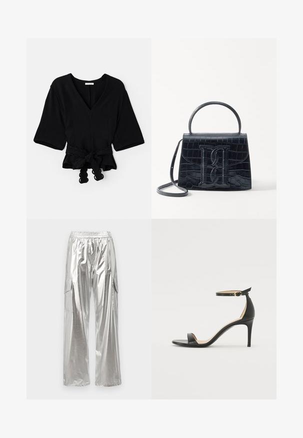 Schwarzes Wickeltop mit V-Ausschnitt, kurzen Ärmeln und einer geknoteten Schleife in der Taille. Hat einen strukturierten Stoff und gewellte Säume an der Schleife.; MCM METALLIC PANTS  - Cargohose - silver; Schwarze Leder-high-heeled Sandale mit Knöchelriemen. Verfügt über eine glatte Textur, offene Zehen und einen dünnen Absatz. Goldfarbener Schnallenakzent.; Schwarze Handtasche aus Krokodilprägung mit strukturiertem Design, Oberhandgriff, verstellbarem Tragegurt und einem auffälligen Logo-Detail auf der Vorderseite.