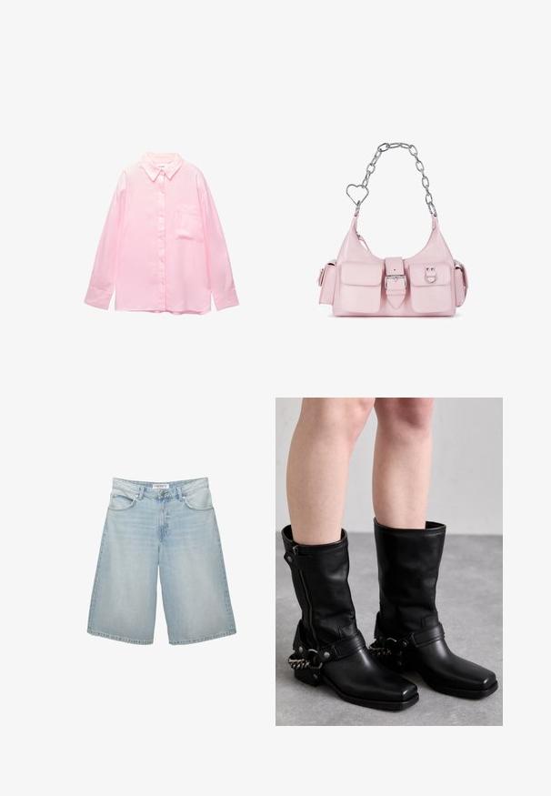 Világos rózsaszín gombos ing, galléros nyakkivágással, hosszú ujjal és mellzsebbel; sima anyagból készült, finom textúrával.; Világoskék farmer rövidnadrág széles lábakkal, öt zsebből, övhurkokból és cipzáras záródással. Sima textúra világos kopással.; Fekete bőr, térd fölé érő csizmák, négyzet alakú orral, oldalsó cipzárral és állítható pánttal, melyen fém lánc díszítés található. Matt felület és tartós talp jellemzi.; Rózsaszín műbőr kézi táska ezüst láncfogantyúval, szív alakú díszekkel, elülső csattal és két kis zsebbel az elején.