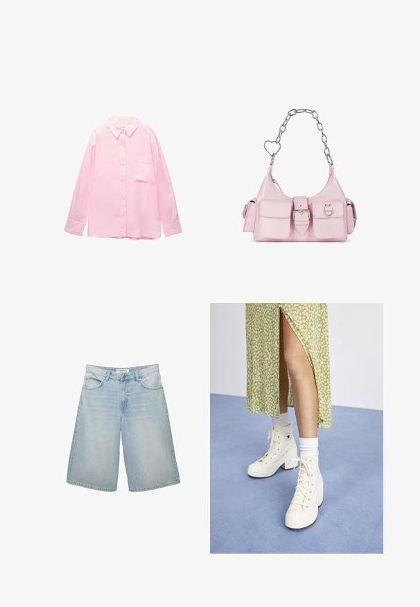 Svijetlo ružičasta košulja dugih rukava sa okovratnikom i džepom na prsima; izrađena od glatkog materijala s suptilnom teksturom.; Svijetloplavi traper šorts širokog kroja, s pet džepova, peticama za remen i zatvaranjem na rajsferšlus. Glatka tekstura s laganim izblijeđenim dijelovima.; Bijele visoke platform tenisice s vezicama i srebrnim rupicama, uparene s bijelim čarapama do gležnjeva, postavljene na svijetloplavu podlogu.; Ružičasta lažna kožna torba s srebrnim lančićem, akcentima u obliku srca, prednjim kopčanjem i dvije male džepove sprijeda.