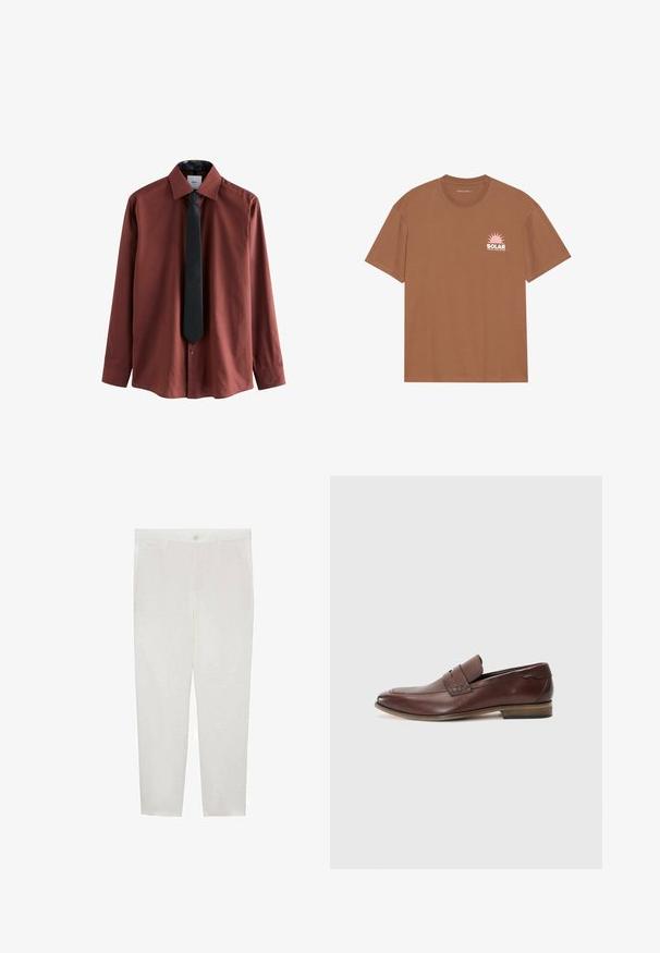 Maroon long-sleeve shirt with a black tie. Features a patterned inner collar and button closure. Made of textured fabric.; Brown short-sleeve t-shirt made of cotton, featuring a pink sun graphic and "SOLAR" text on the left chest. Crew neck design.; Mango Chinos - white; Brown leather slip-on shoe featuring a textured panel, a slightly pointed toe, and a small heel. Includes decorative stitching.