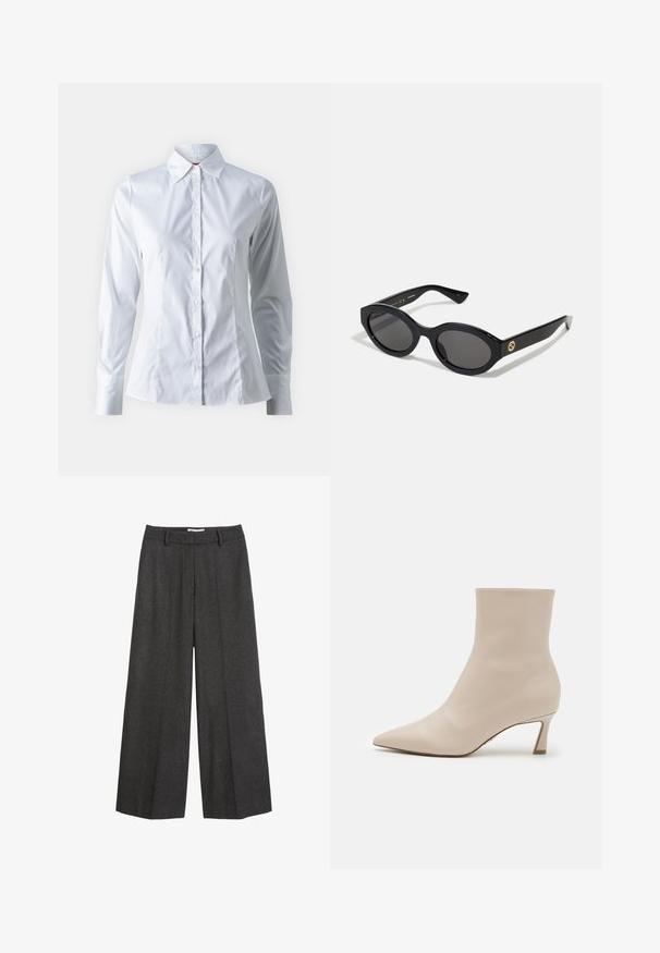 Fehér, hosszú ujjú, gombos ing, pontszerű gallérral, testhezálló fazonnal, sima pamut anyagból és elöl gombos záródással.; Sötét szürke anyagú, széles lábú nadrág. Testre szabott derékpánttal rendelkezik, övhurkokkal, sima textúrával és minimális varrási díszítésekkel.; Steve Madden LULAH - Bokacsizmák - bone; Fekete ovális napszemüveg sötét lencsékkel és fényes műanyag kerettel. Aranyszínű logóval rendelkezik a szárán, amely elegáns és modern megjelenést biztosít.