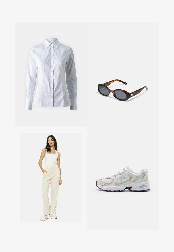 Valge pikade varrukatega nööpidega särk, terava kaelusega, kokku pigistatud disain, sile puuvillane kangas ja esi-nööbiga sulg. ; Bežid sirgemad püksid sileda tekstuuriga ja esikottidega, kombineeritud istuva valge tank-topi ja valgete spordijalatsitega.; Sportlik king, millel on helehall võrgust ülemine osa, sametised aktsendid, valged nöörid ja must kummist tald. Silmatorkav ABZORB pehmendusdetail.; Pruunid kilpkonnakujudega prillid ovaalsete läätsedega ja tumeda halli tintimisega. Omab kuldse tooni aktsenti templitel. Sujuva plastikutekstuuriga.