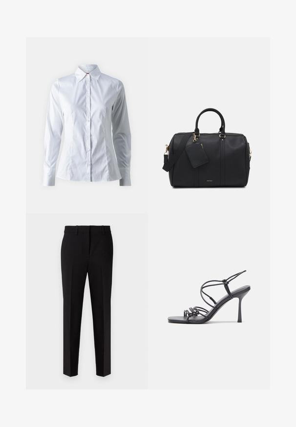 Hvid skjorte med lange ærmer, spidse krave, tætsiddende design, glat bomuldsstof og frontlukning med knapper.; Sorte bukser med lige ben, fremstillet af glat stof. Har flad front, bæltesløjfer og et skræddersyet look.; Sorte højhælede sandaler med tynde stropper og en knyttet design, en glat firkantet tå og en slank stiletto hæl.; Sort faux læder weekender taske med guldfarvet hardware, dobbelt top hanke, justerbar skulderrem og en aftagelig tag lomme.