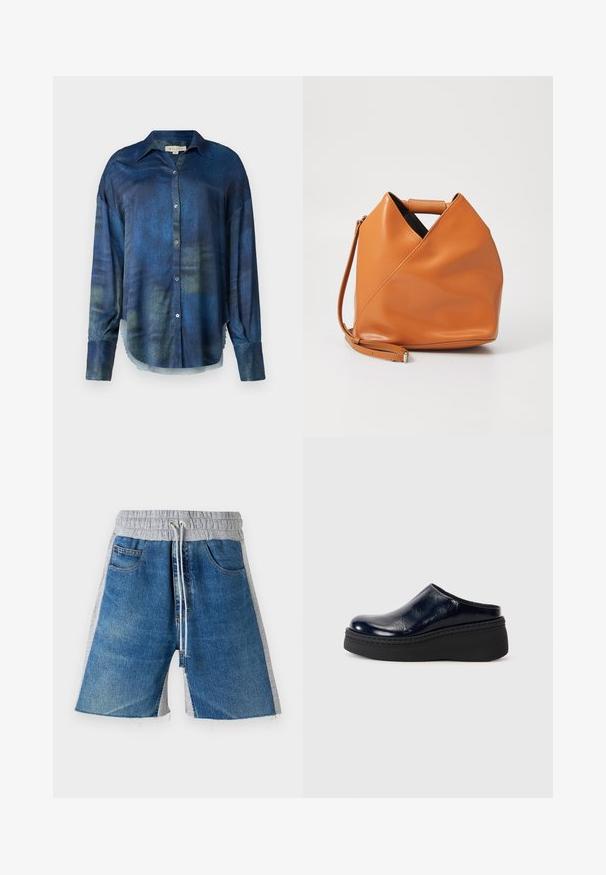 MIISTA UNNA SHIRT - Cămașă - blue; Șorturi din denim cu un brâu elastic gri, dotate cu șnur. Designul include buzunare laterale și o apariție în două culori.; Clog din piele patantă albastră marină, cu un finisaj neted, având o talpă groasă neagră și cusături vizibile de-a lungul bazei.; Geantă din piele maro cu un design unic în pliuri triangulare, mână superioară și curea de umăr detasabilă, pe fundal alb.