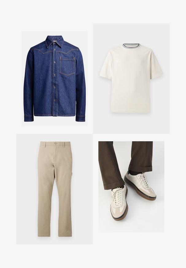 Camisa de mezclilla azul oscuro de manga larga con cuello punta, botones en el frente, bolsillo en el pecho y costuras en contraste de color naranja.; Camiseta de algodón color crema con mangas cortas, que presenta un escote redondo acentuado por franjas en navy y blanco. Textura suave, corte relajado.; Pantalones de algodón beige con un diseño de pierna recta, que cuentan con un cierre de botón en la parte frontal y detalles de costura sutiles. Textura suave, sin patrones.; Zapatillas beige con un frente de ante texturizado, lados de cuero liso y suela de goma marrón. Incluyen cordones y un detalle de costura ligera.